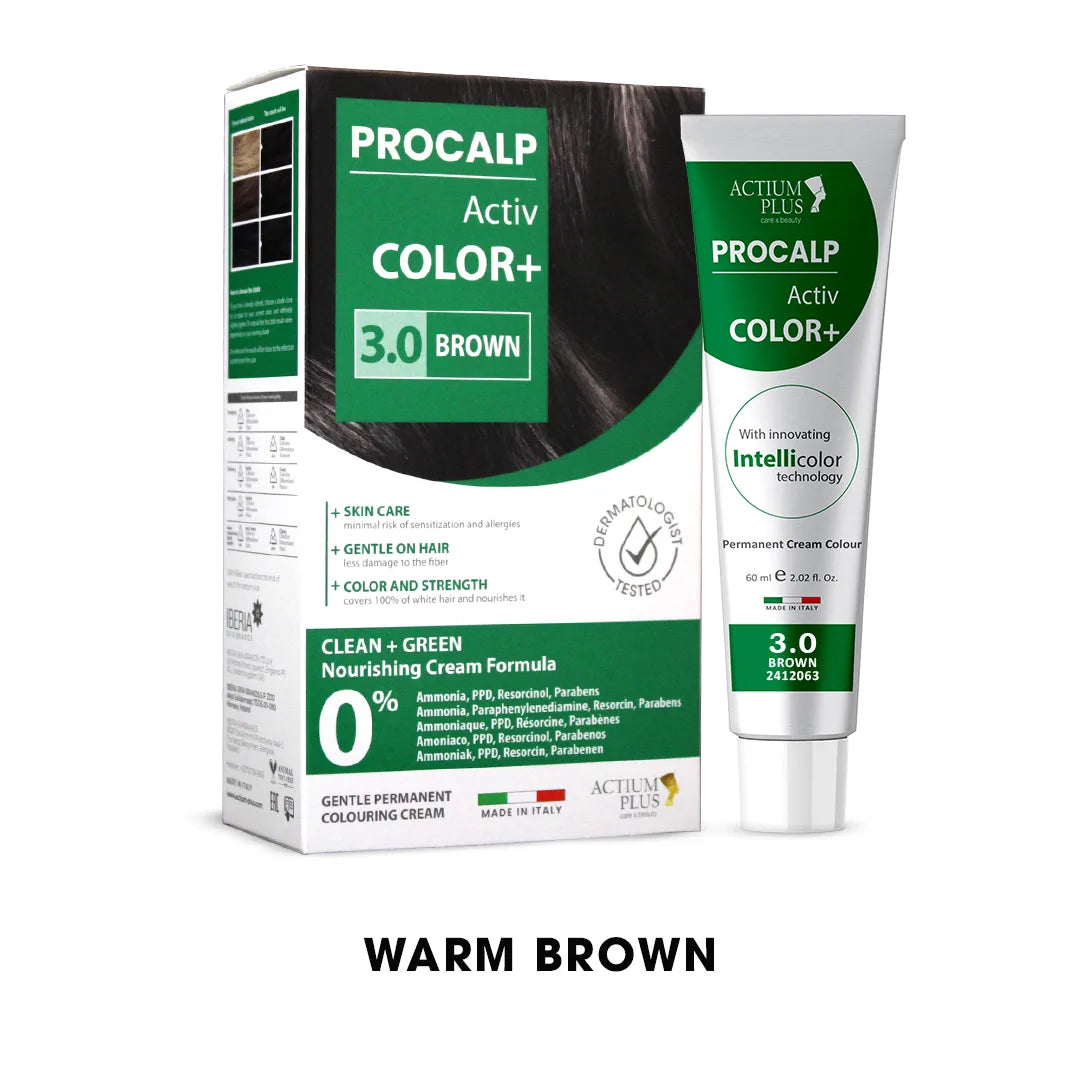 Actium Plus PROCALP Activ Color+ | (3.0-BROWN) | Long-lasting Permanent Hair Color | Dermatologist-tested | For Men/ Women | 60ml