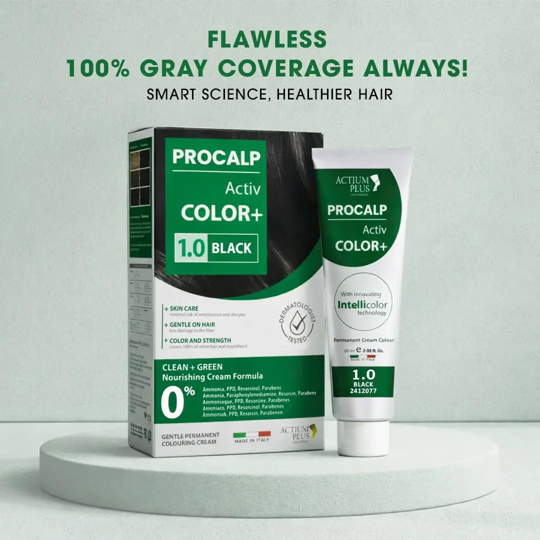 Actium Plus PROCALP Activ Color+ | (1.0-Black) | Long-lasting Permanent Hair Color | Dermatologist-tested | For Men/ Women | 60ml