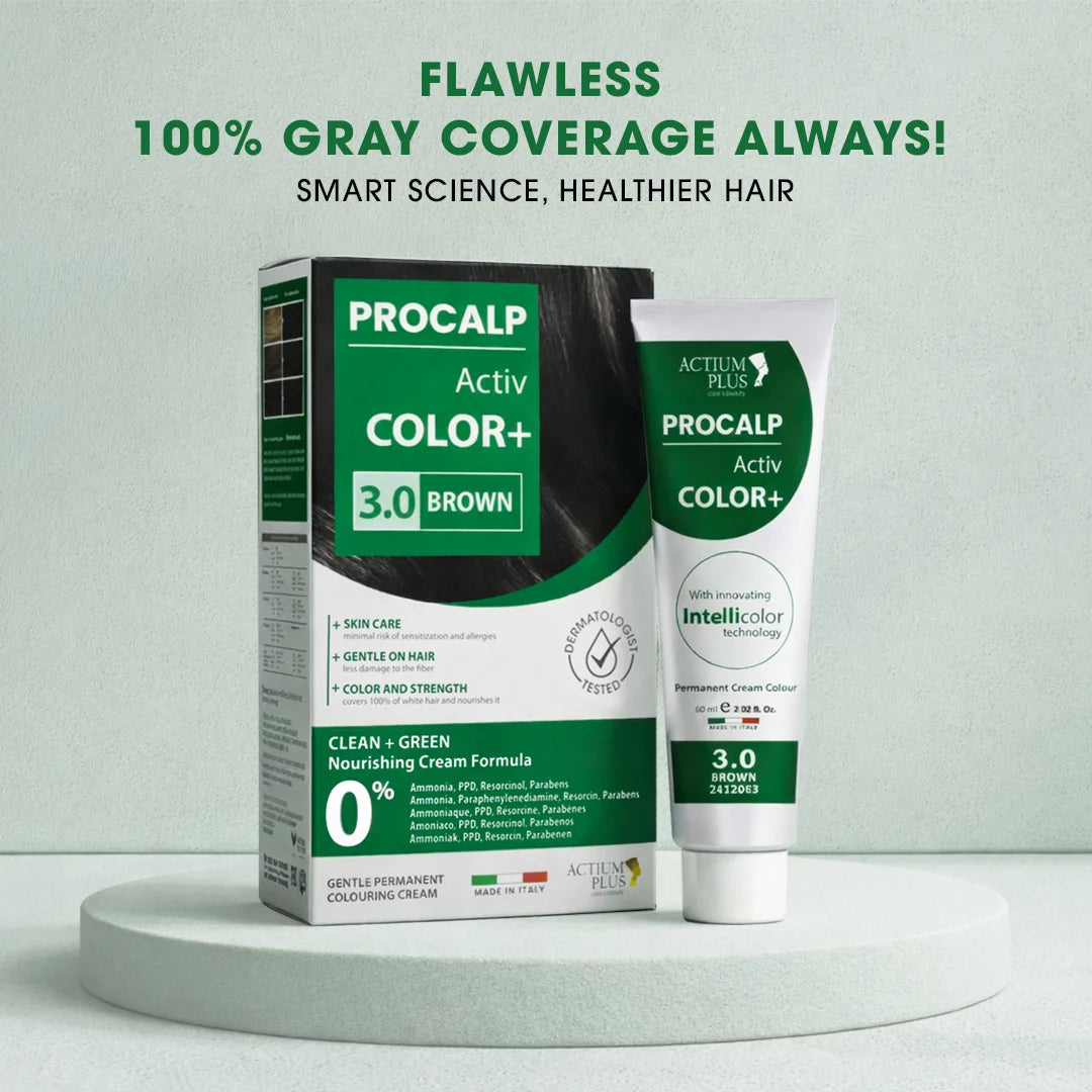 Actium Plus PROCALP Activ Color+ | (3.0-BROWN) | Long-lasting Permanent Hair Color | Dermatologist-tested | For Men/ Women | 60ml