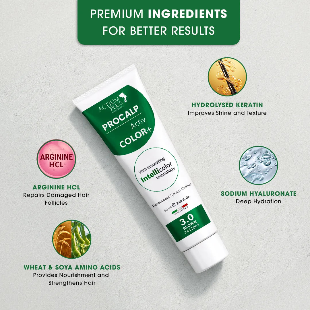 Actium Plus PROCALP Activ Color+ | (3.0-BROWN) | Permanent Hair Color | Dermatologist-tested | For Men/ Women | 60ml