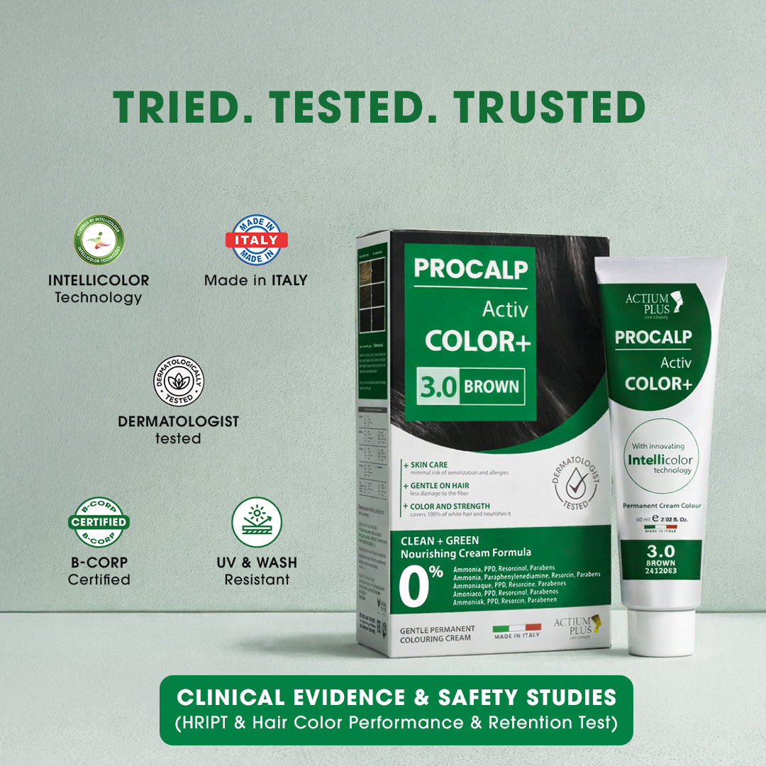 Actium Plus PROCALP Activ Color+ | (3.0-BROWN) | Long-lasting Permanent Hair Color | Dermatologist-tested | For Men/ Women | 60ml