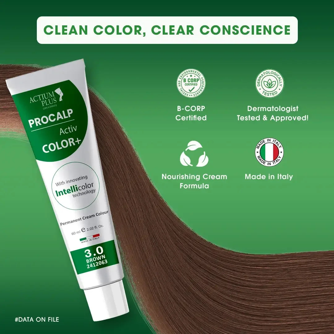 Actium Plus PROCALP Activ Color+ 3.0 Brown Hair Color Cream and Developer - Clean Color, Clear Conscience