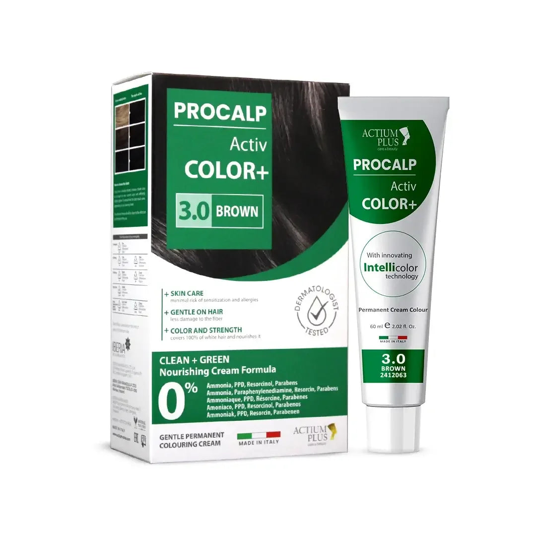 Actium Plus PROCALP Activ Color+ 3.0 Brown Hair Color Box Front