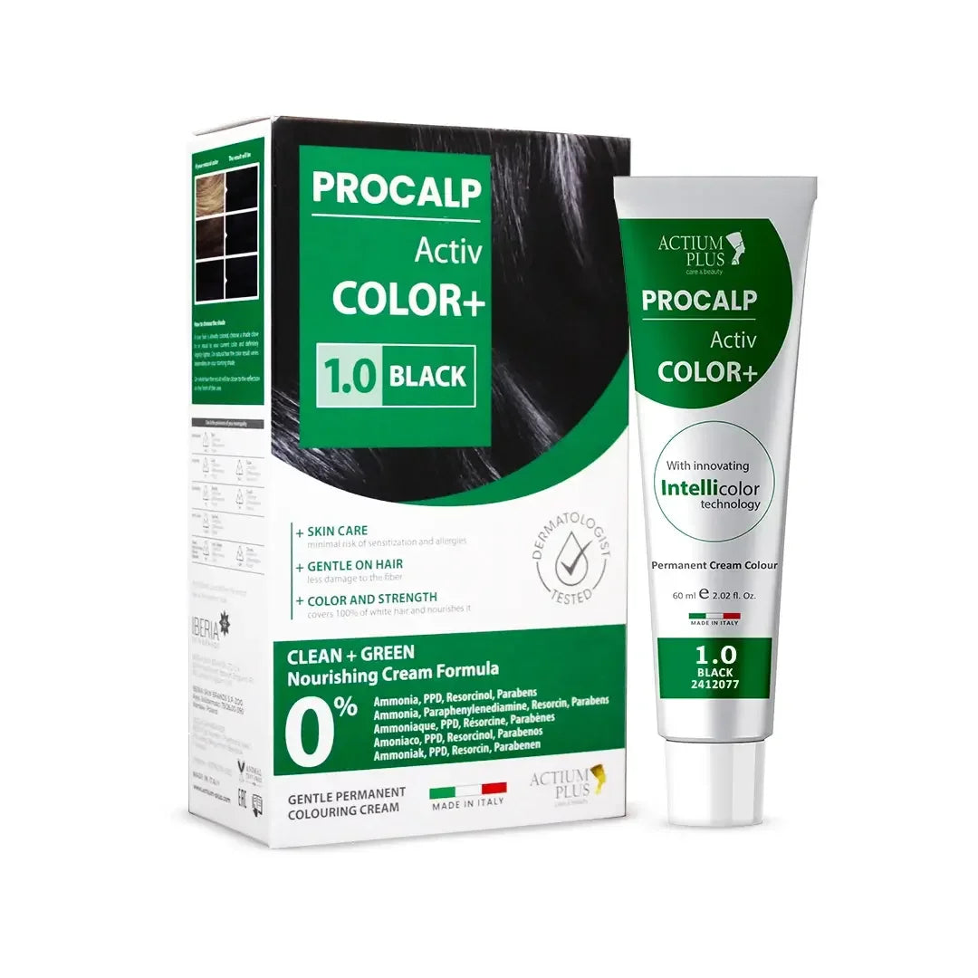 Actium Plus PROCALP Activ Color+ | (Black 1.0 + Black 1.0) Intense Black Twin Pack | Long-lasting Permanent Hair Color | Dermatologist-tested | For Men/ Women