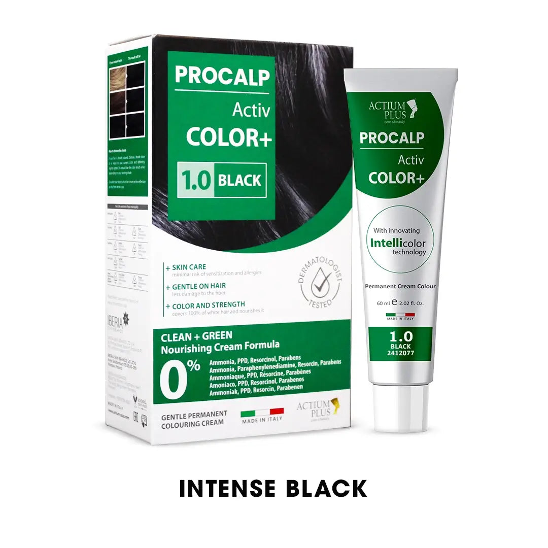 Actium Plus PROCALP Activ Color+ | Long-lasting Permanent Hair Color | Dermatologist-tested | For Men/ Women |(1.0-Black)