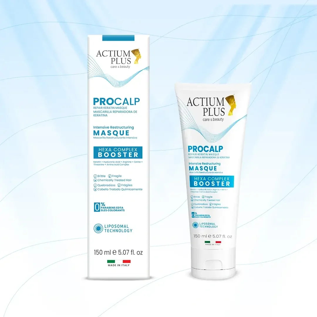 Actium Plus Procalp Hair Care Product Packaging On A Light Blue Background