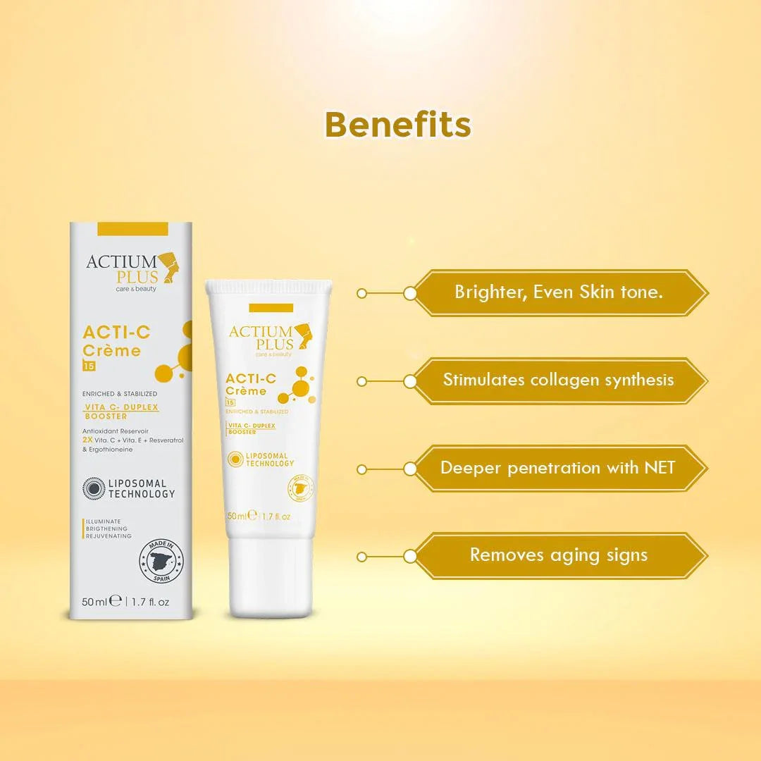 Woman applying Actium Plus ACTI-C Cream for radiant and even-toned skin Benefits