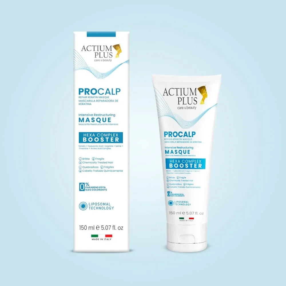 Actium Plus ProCalp hair mask packaging and tube on a light blue background