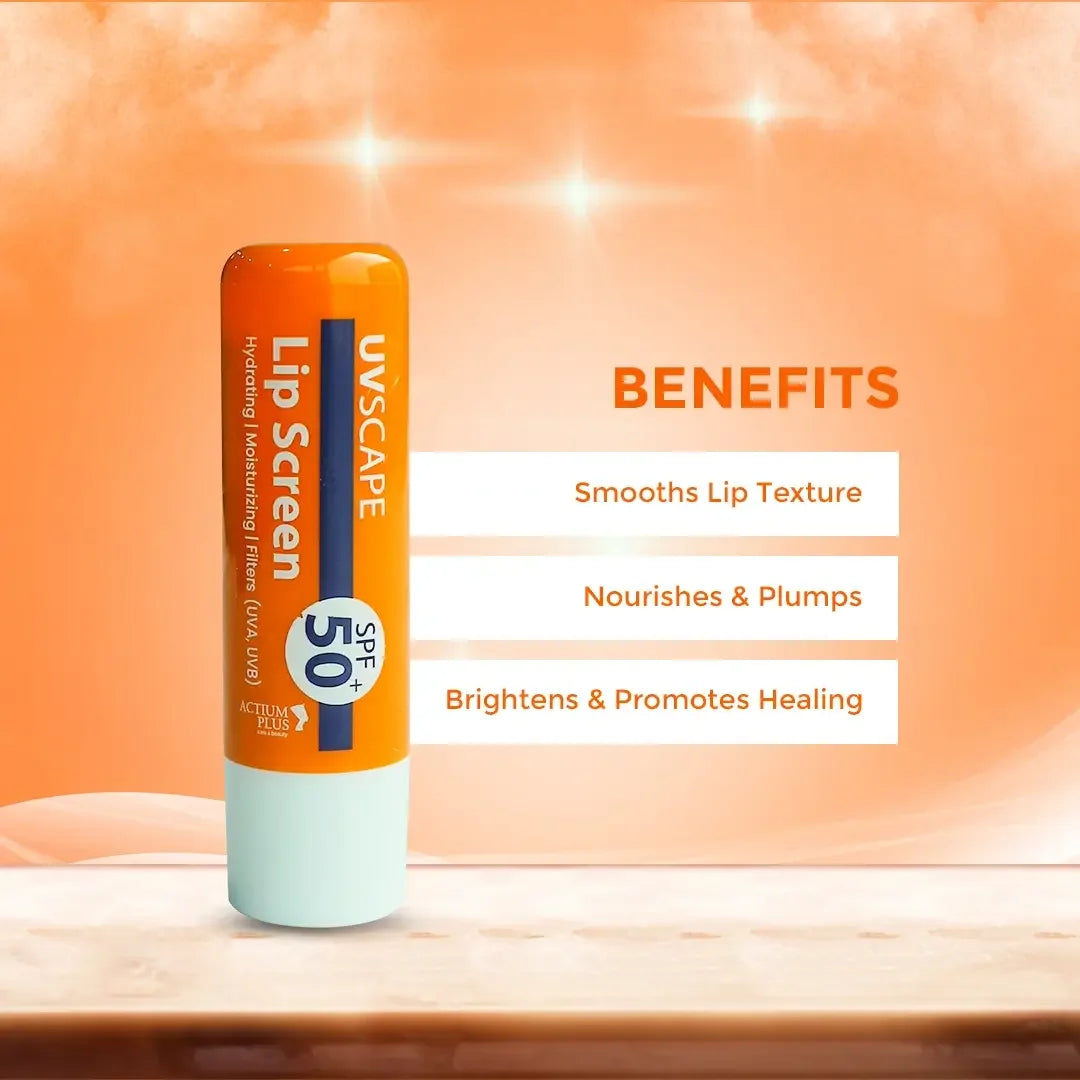 UVScape lip screen SPF 50 with benefits listed on an orange background