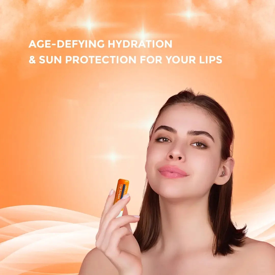 Woman holding a lip balm with text about age-defying hydration and sun protection on an orange background