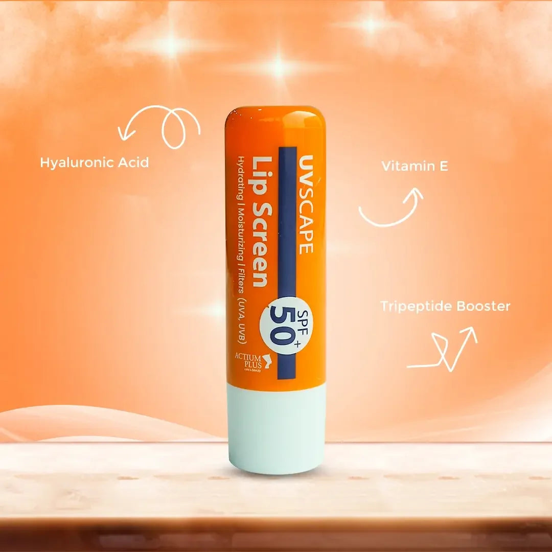 UVSCAPE lip screen SPF 50 on a wooden surface with an orange gradient background