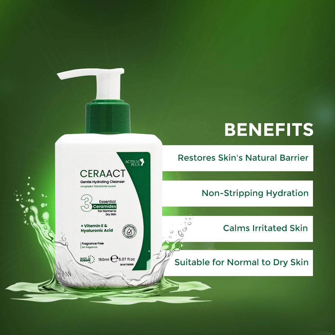 Actium Plus CERAACT Gentle Hydrating Cleanser For Normal To Dry Skin - Vitamin E & Hyaluronic Acid | Fragrance-Free Cleanser 150ml