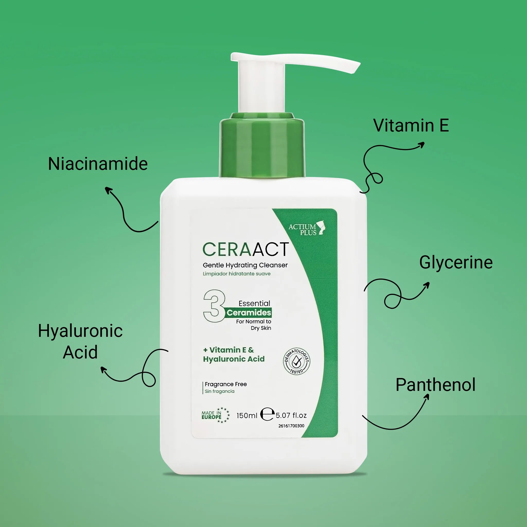 Actium Plus CERAACT Gentle Hydrating Cleanser For Normal To Dry Skin - Vitamin E & Hyaluronic Acid | Fragrance-Free Cleanser 150ml