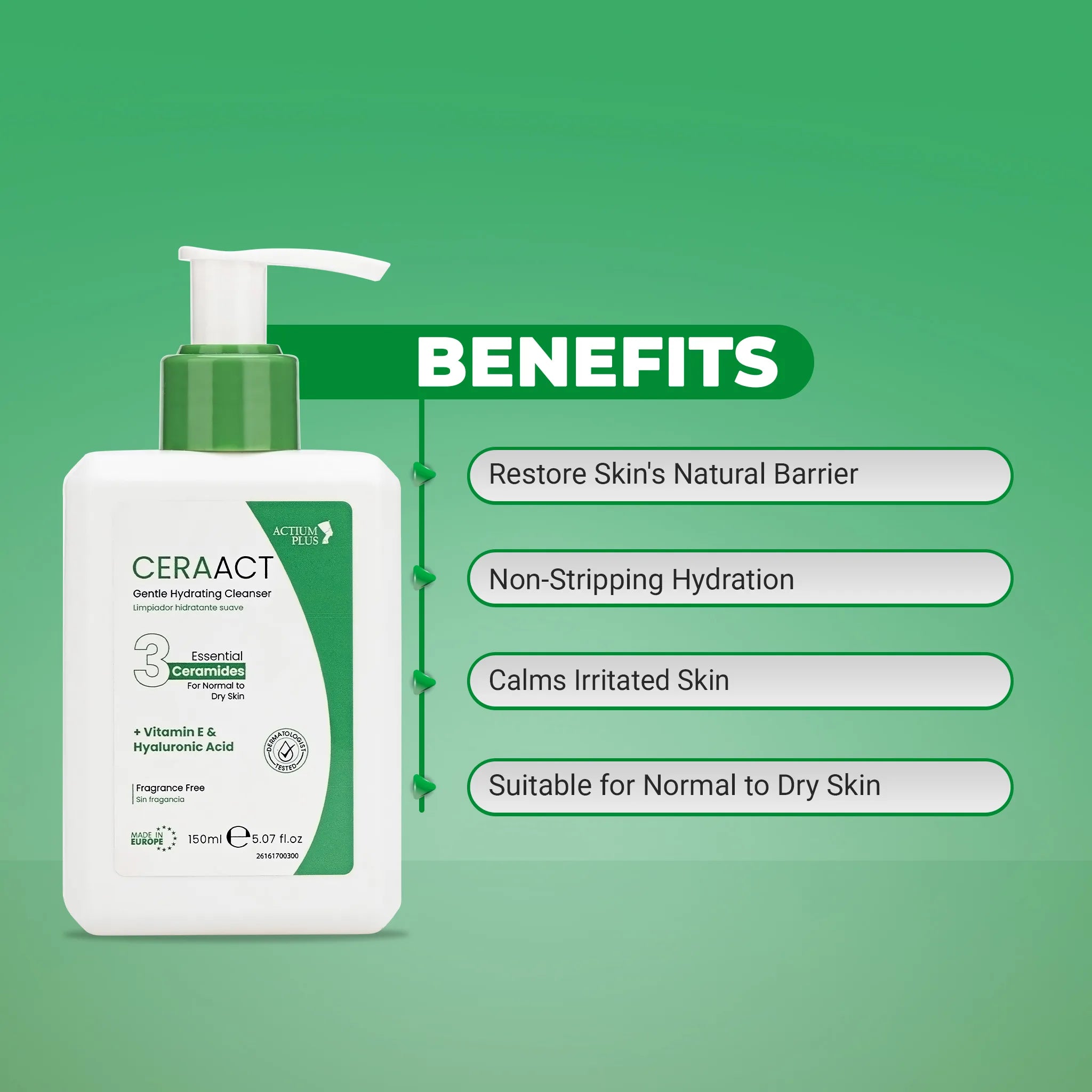 Actium Plus CERAACT Gentle Hydrating Cleanser For Normal To Dry Skin - Vitamin E & Hyaluronic Acid | Fragrance-Free Cleanser 150ml