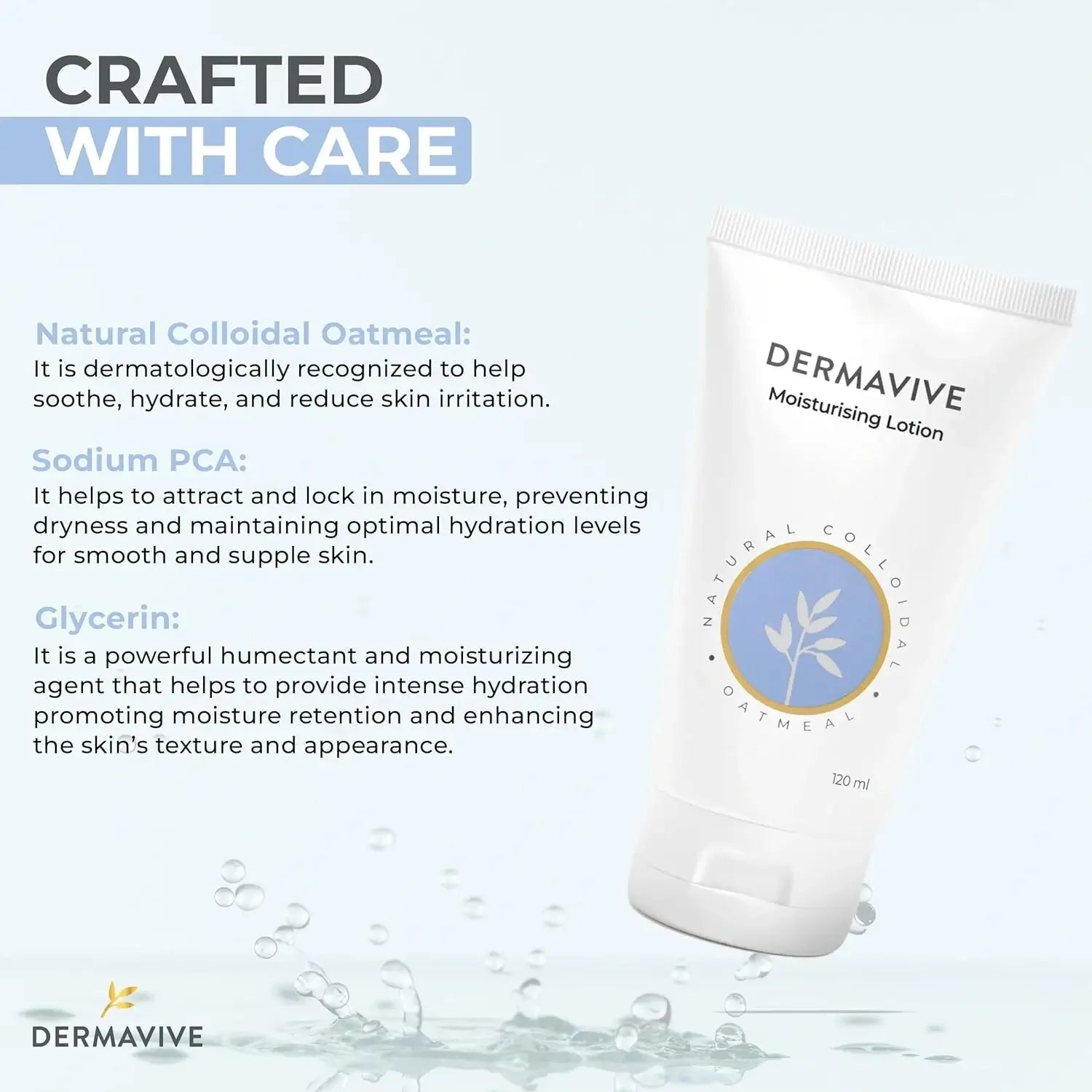 Dermavive Moisturising Lotion 120ml packaging box featuring natural colloidal oatmeal branding.