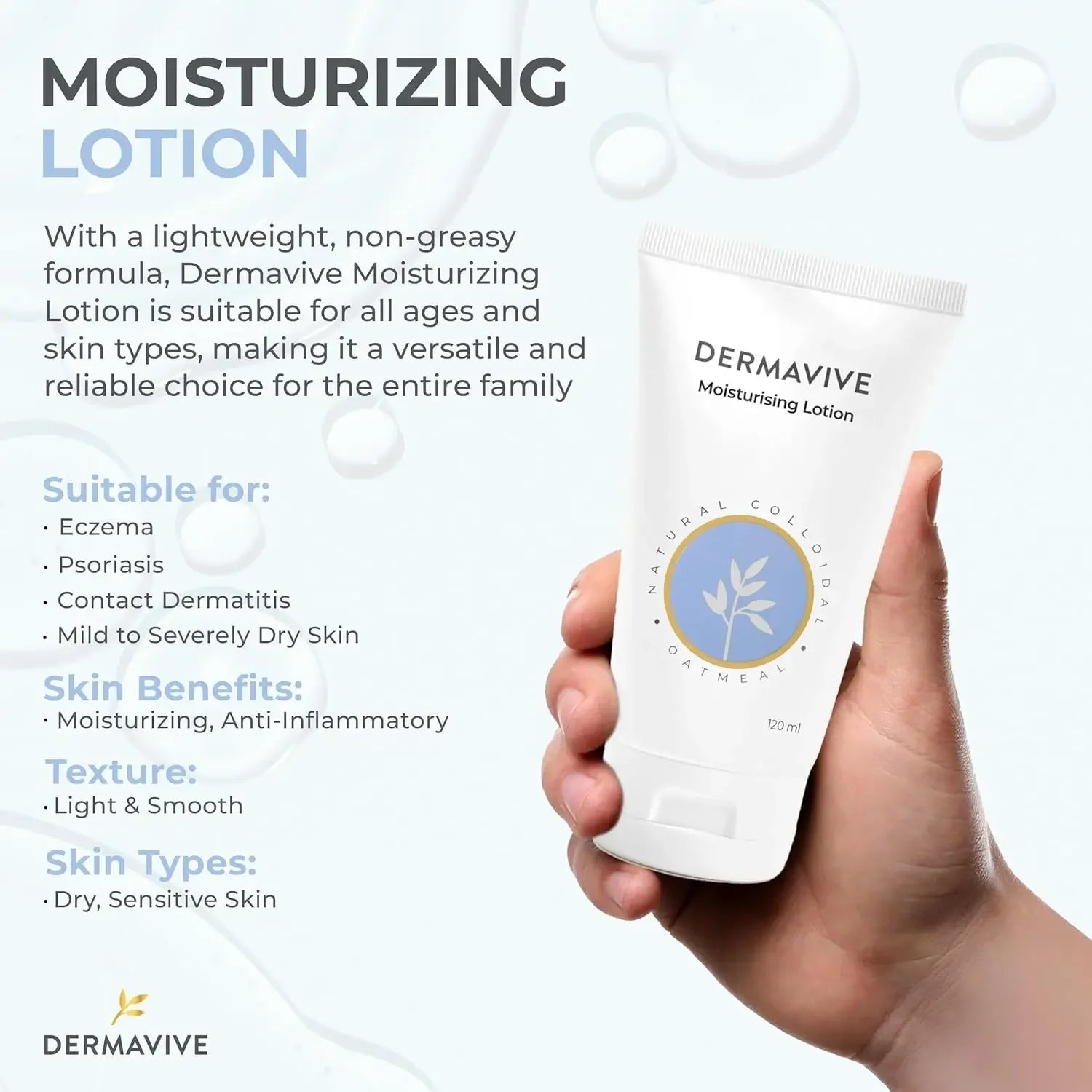 Dermavive Moisturising Lotion 120ml in hand – product scale