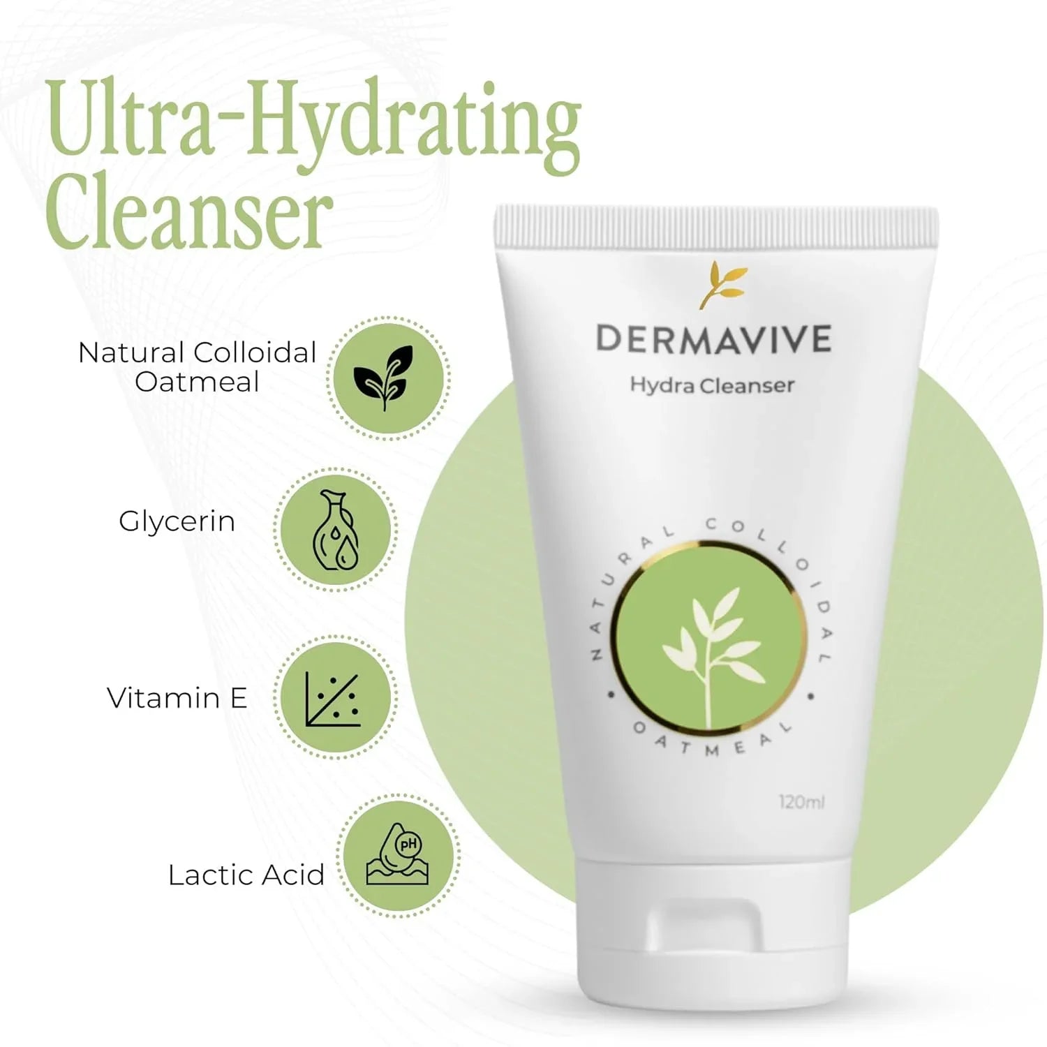 Dermavive Hydra Cleanser tube with ingredients listed on a white background