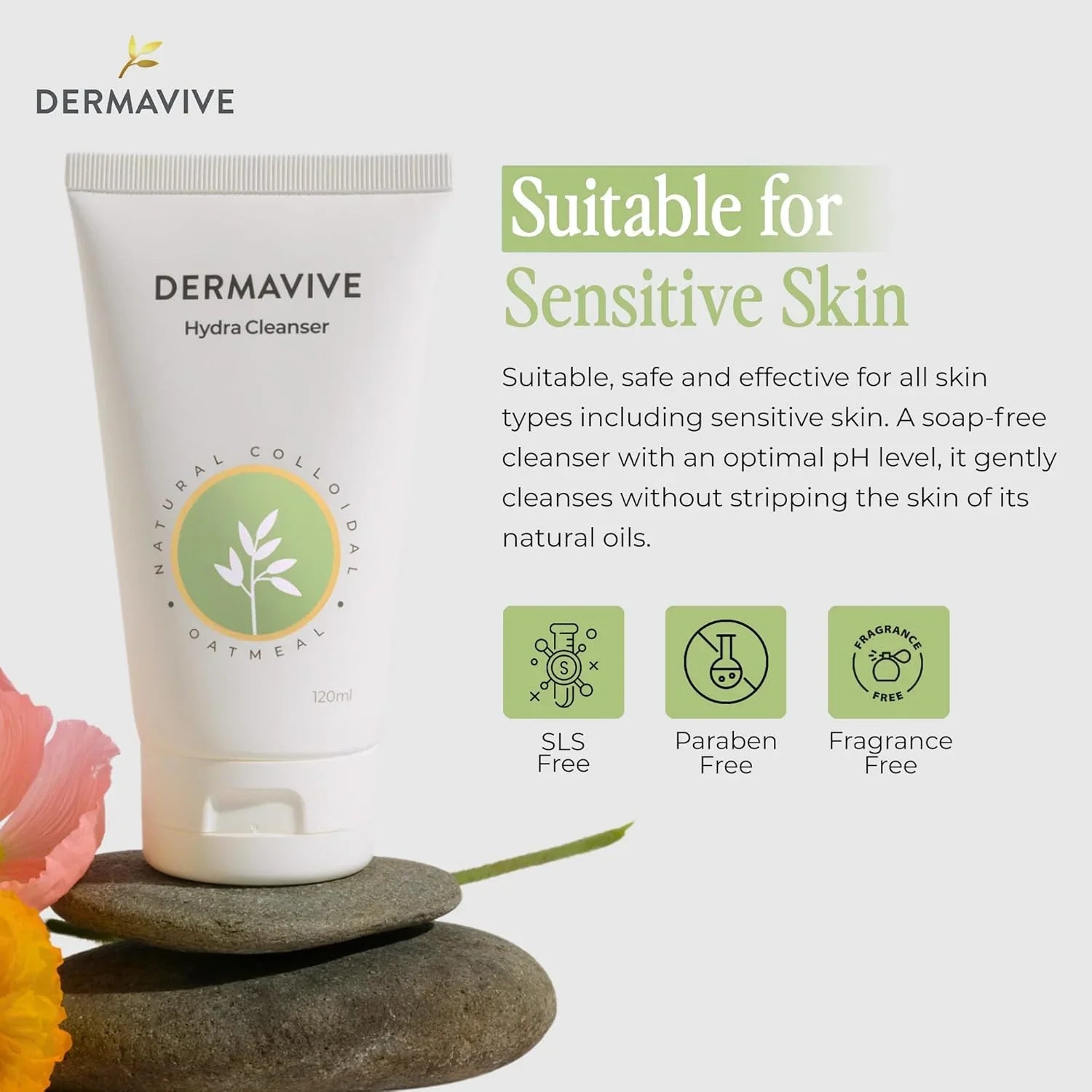 Dermavive Hydra Cleanser tube with product details on a white background