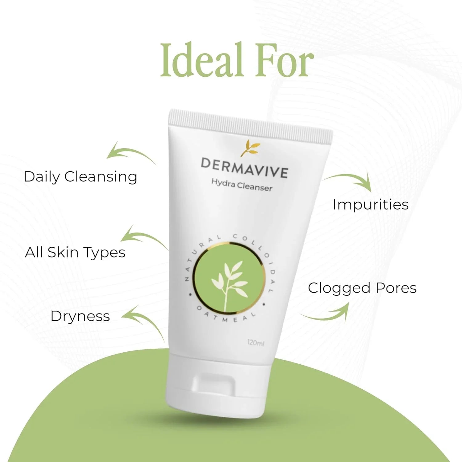 Dermavive Hydra Cleanser tube with text indicating its uses on a white background