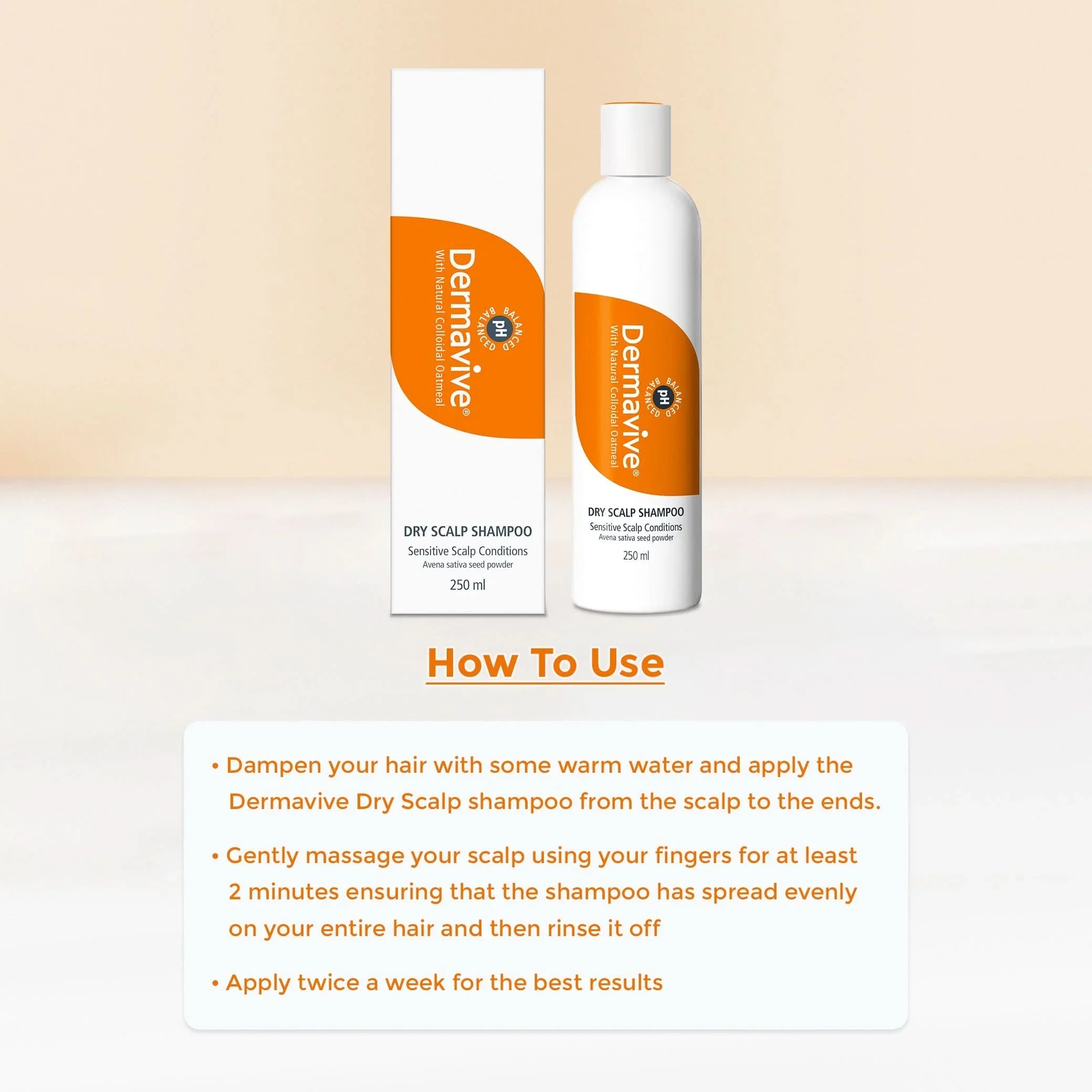 Dermavive dry scalp shampoo bottle and packaging on a beige background with usage instructions.