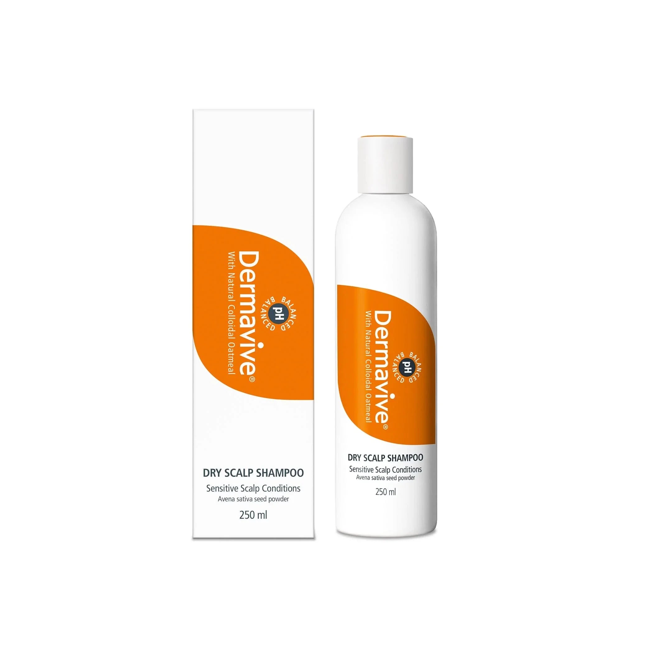 Dermavive dry scalp shampoo bottle and packaging on a white background