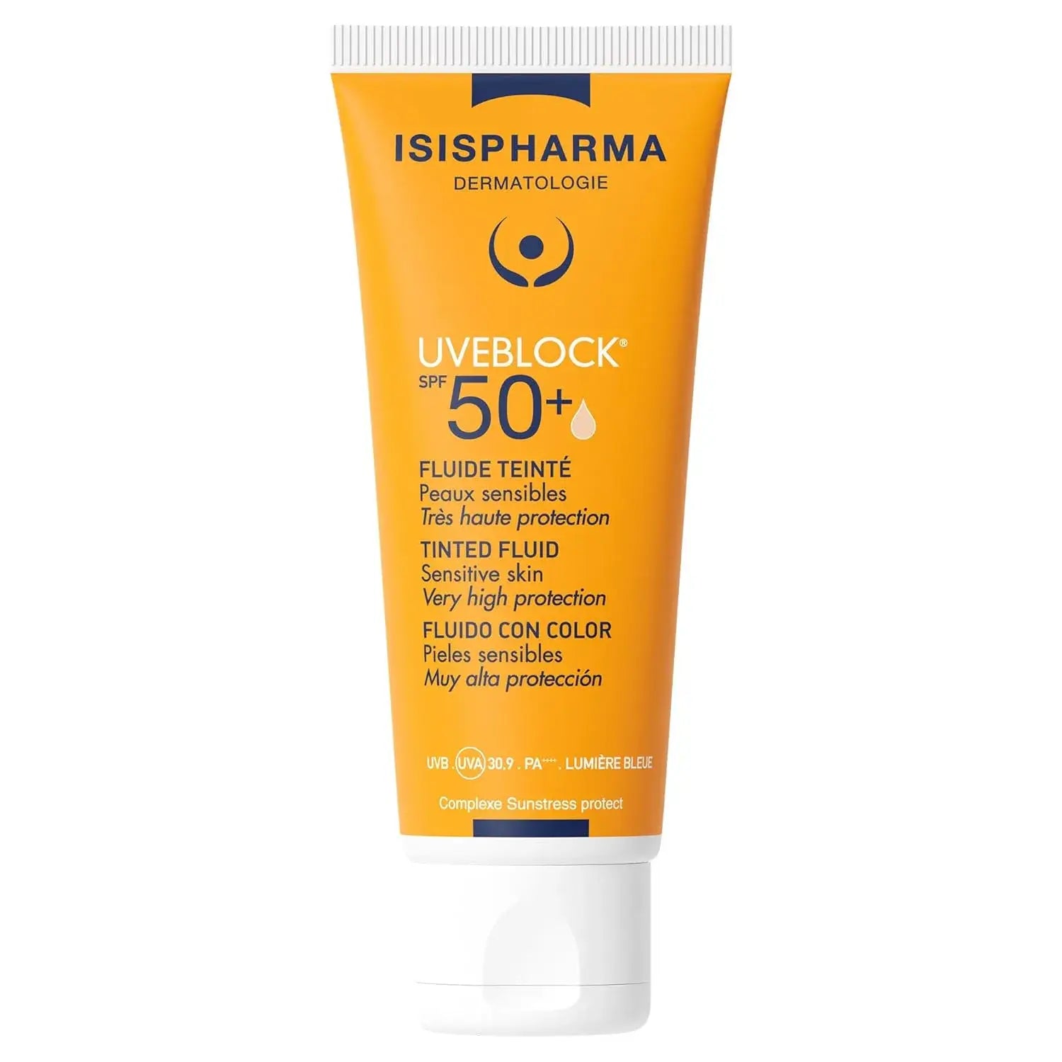 Orange tube of Isispharma Uveblock sunscreen with SPF 50+