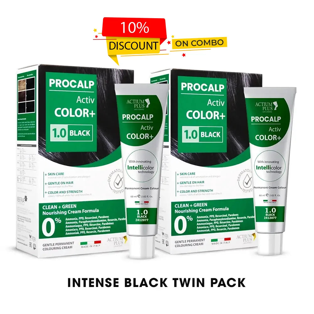 Actium Plus PROCALP Activ Color+ | (Black 1.0 + Black 1.0) Intense Black Twin Pack | Long-lasting Permanent Hair Color | Dermatologist-tested | For Men/ Women | 60ml X 2