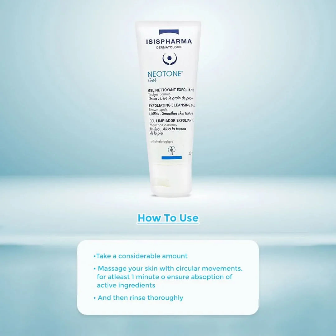 Tube of Isis Pharma Neotone Gel on a light blue gradient background with usage instructions.