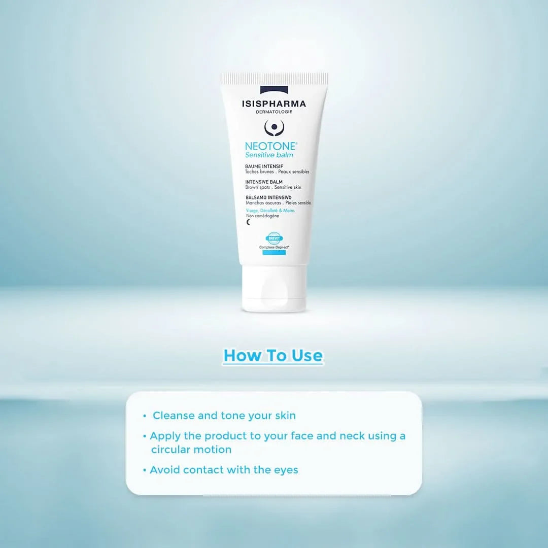 Tube of Isis Pharma Neotone balm on a light blue gradient background with usage instructions.