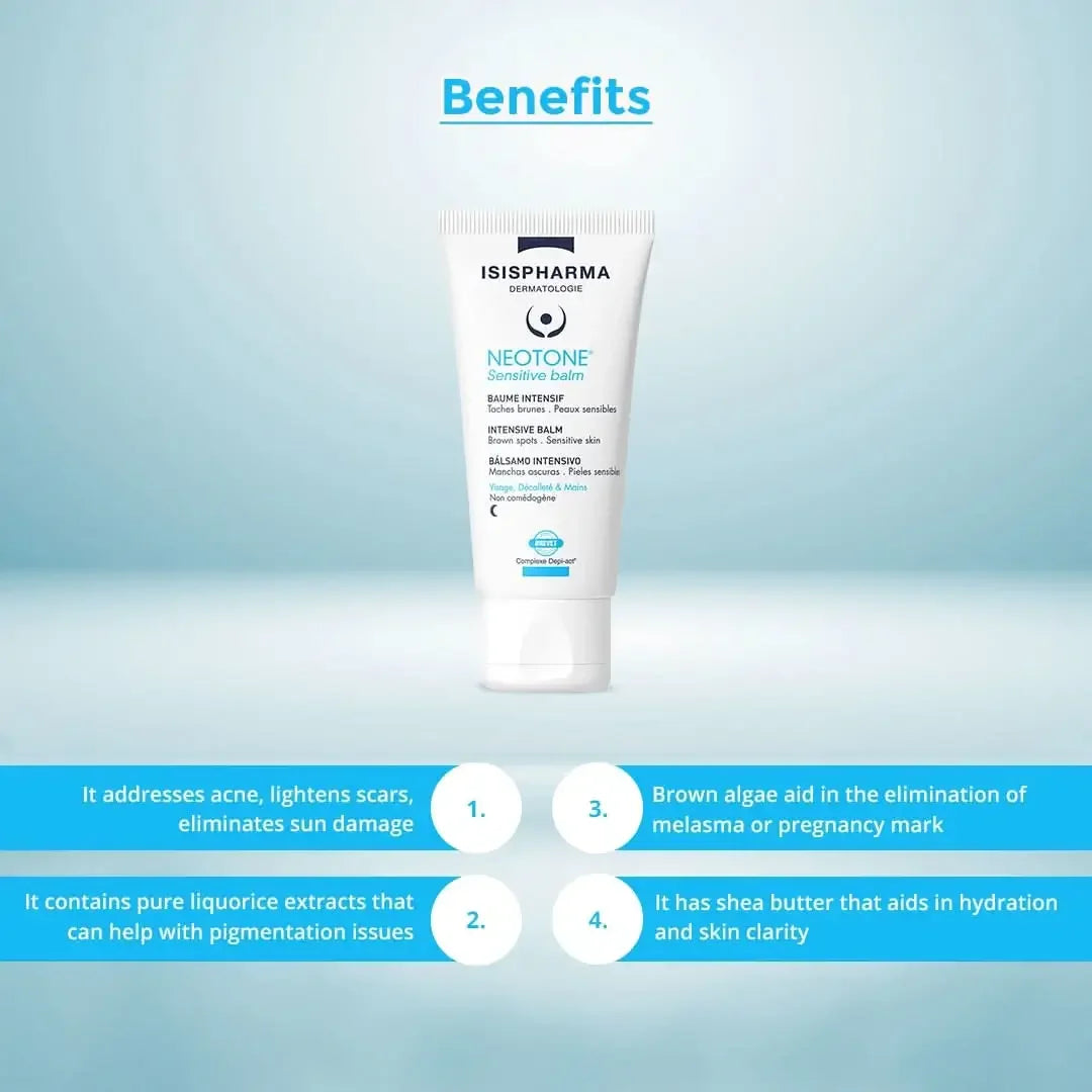 Isispharma Neotone Sensitive Balm tube with benefits listed