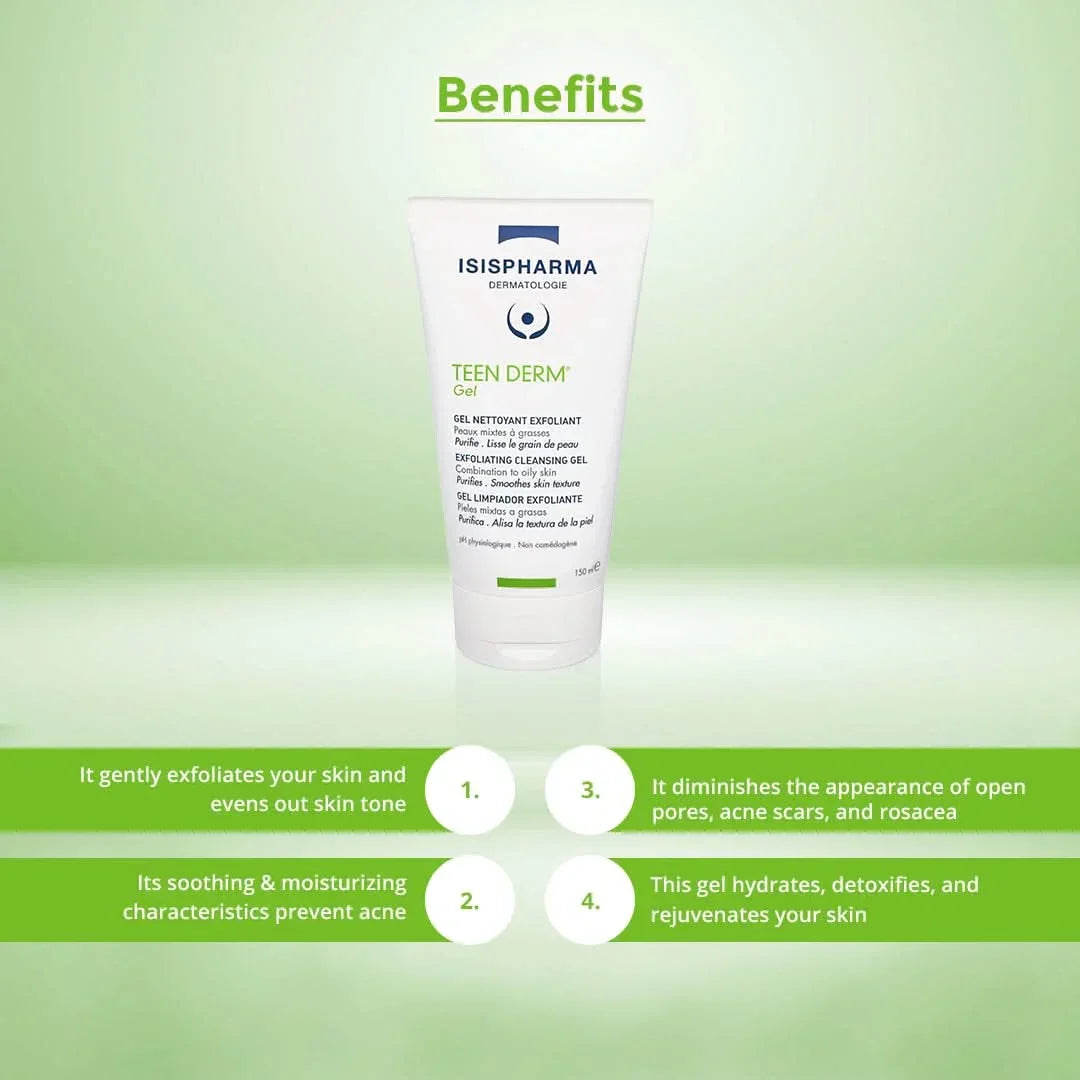 Isispharma Teen Derm gel product benefits are listed.