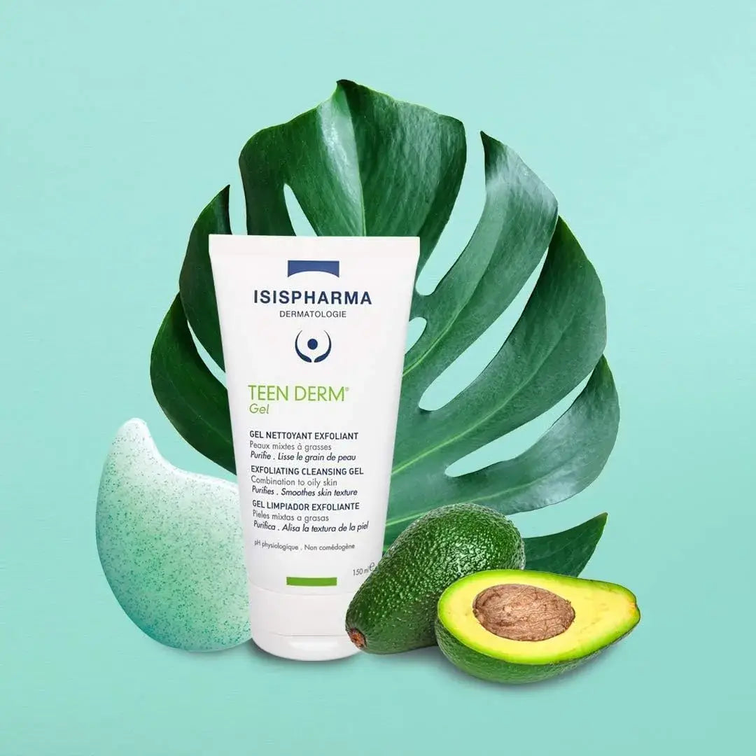 Isis Pharma Teen Derm gel with avocado and leaves on a light blue 