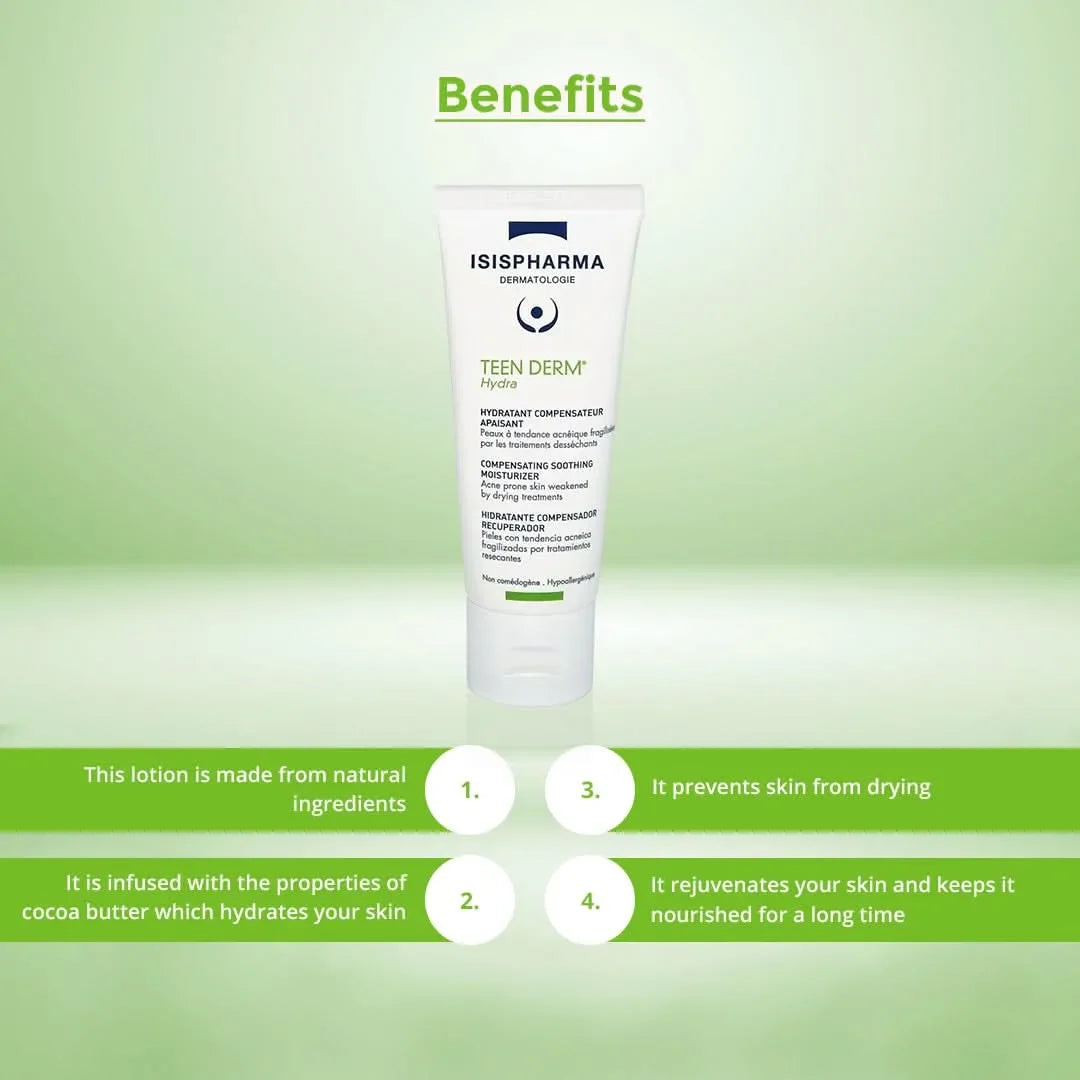 Isis Pharma Teen Derm lotion tube on a with benefits listed.