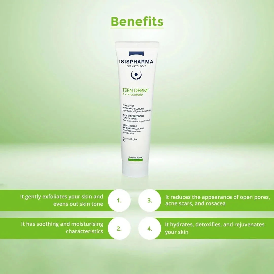 Tube of Isis Pharma Teen Derm with benefits listed.