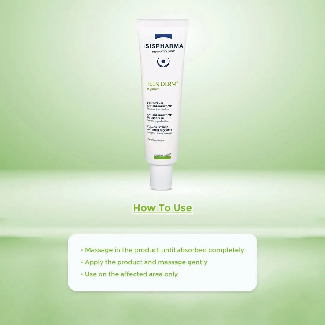 Tube of Isis Pharma Teen Derm on a green gradient with usage instructions.