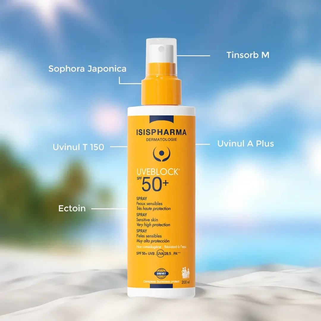 Isispharma Sunscreen spray bottle with labeled ingredients