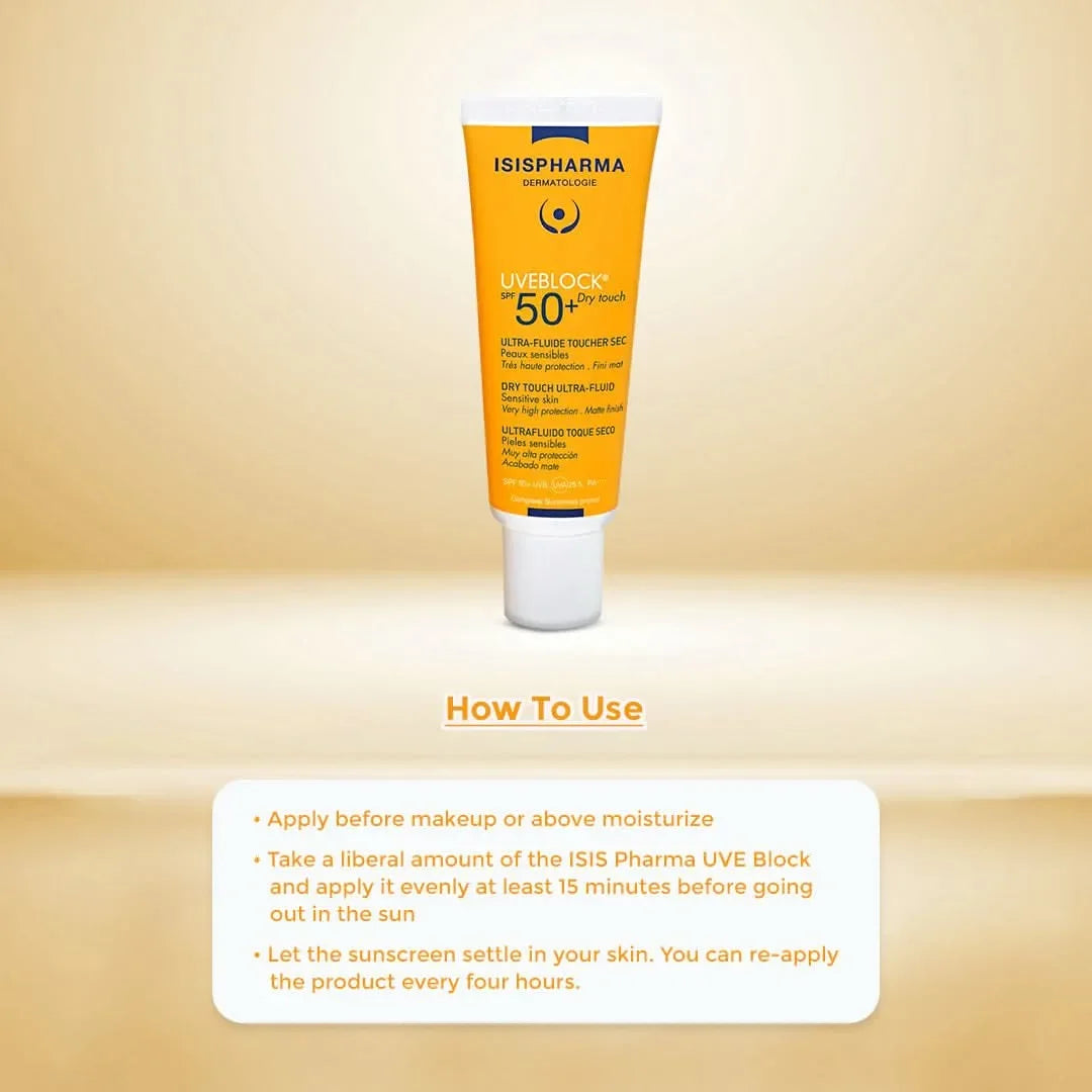 ISISPHARMA sunscreen tube with application instructions on a beige