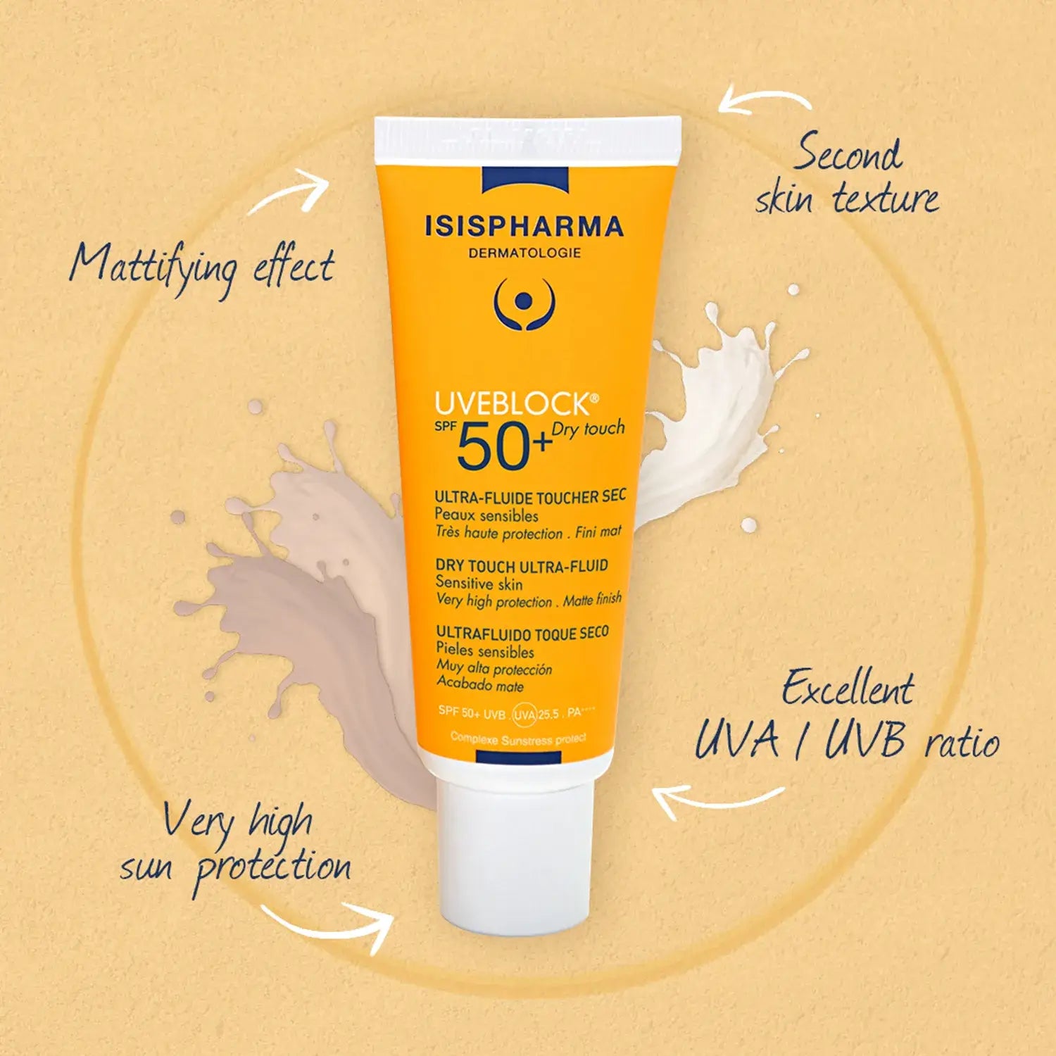 ISISPHARMA UVEBLOCK sunscreen tube with text highlighting features.
