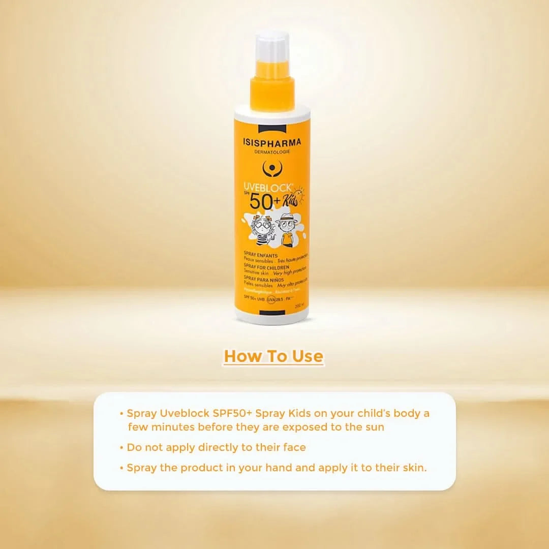 ISISPHARMA Uveblock SPF50+ spray bottle on with usage instructions.