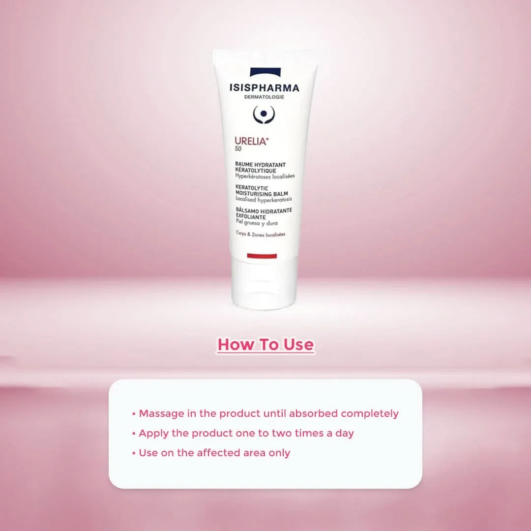 Isispharma Urelia balm on a pink background with usage instructions.