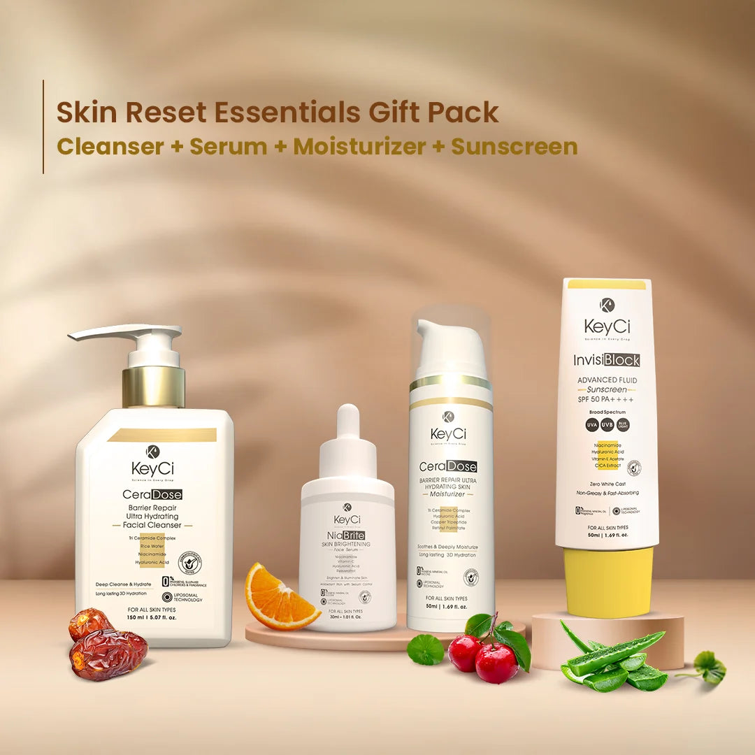 KeyCi Skin Reset Essentials Gift Pack | Cleanser 150ml + Serum 30ml + Moisturizer 50ml + Sunscreen 50ml | Pack of 4