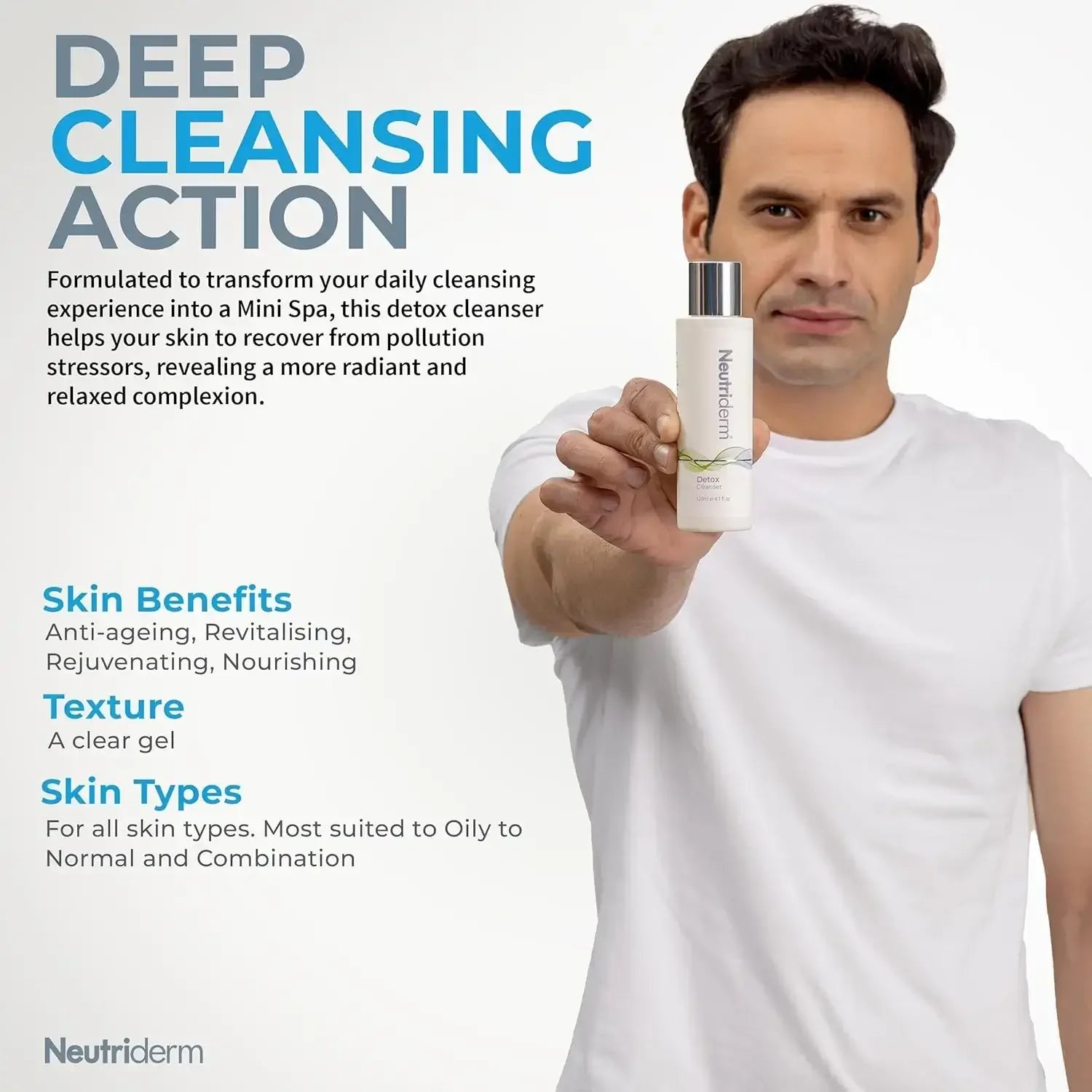 Man holding a skincare product with text about deep cleansing action and skin benefits.