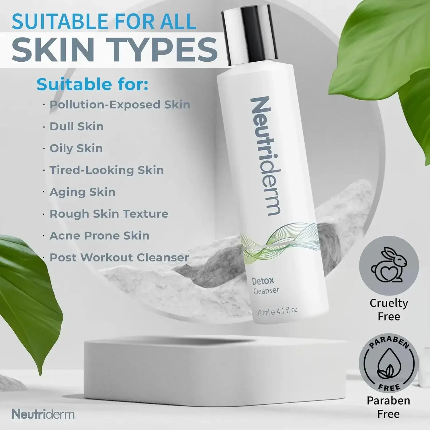 Neutriderm Detox Cleanser bottle with product benefits and branding on a neutral background