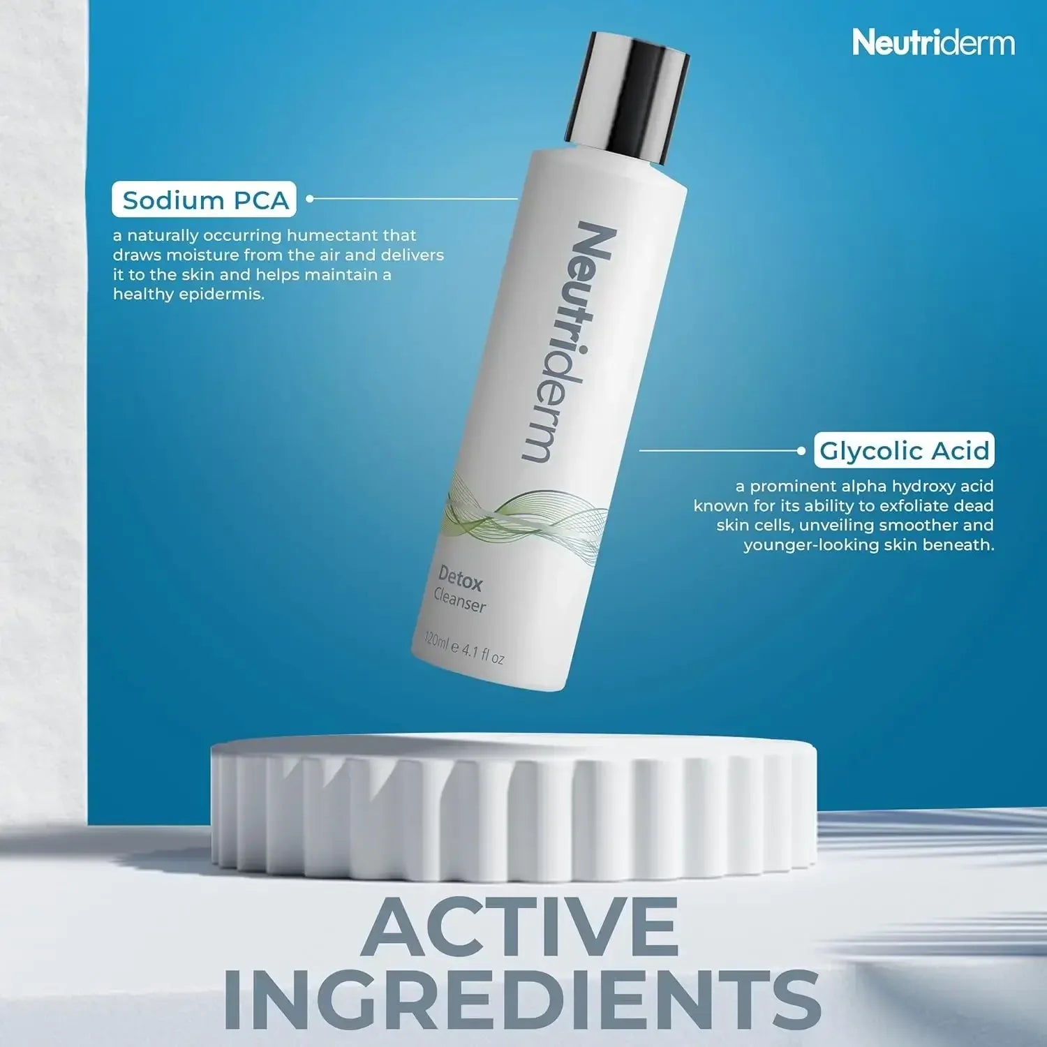 Neutriderm skincare product with active ingredients text on a blue background