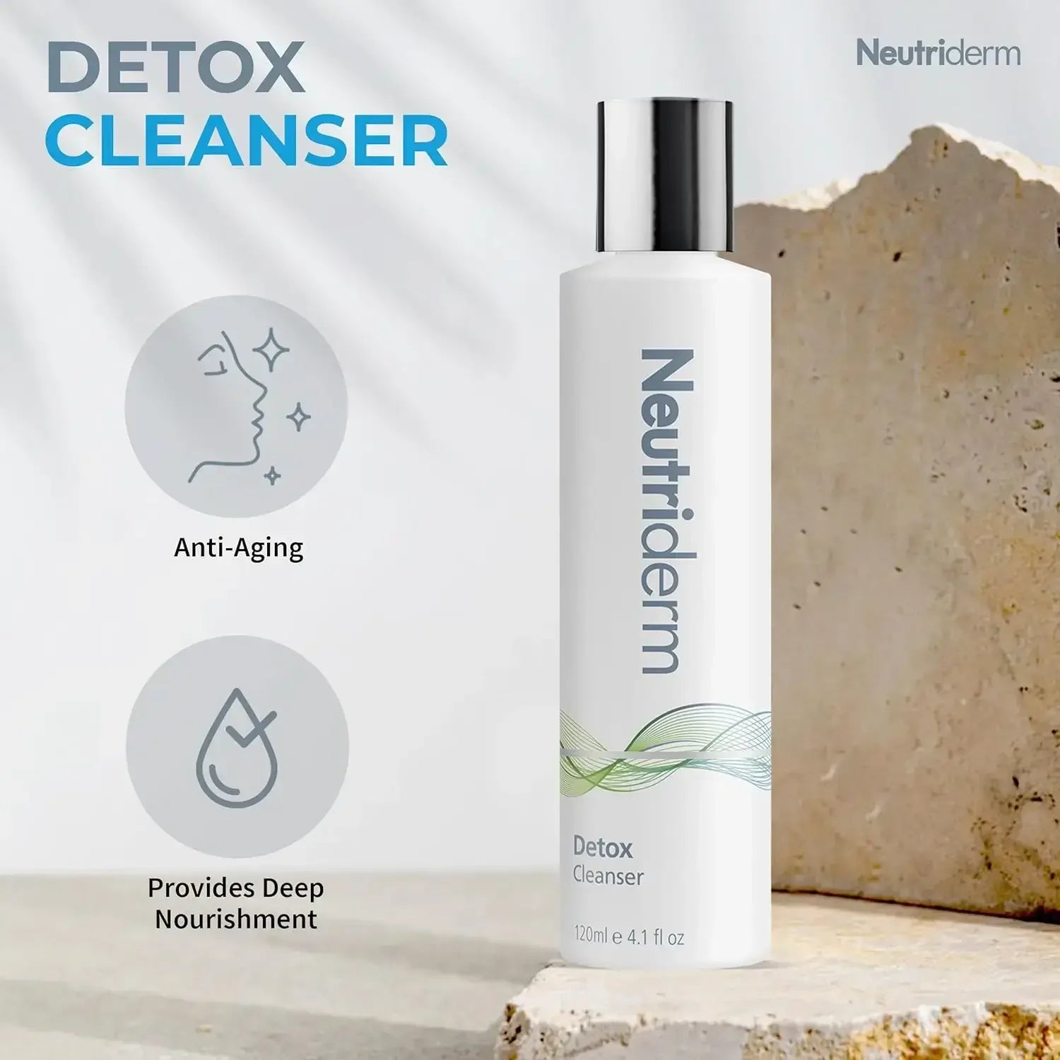 Neutriderm Detox Cleanser bottle with product features on a neutral background
