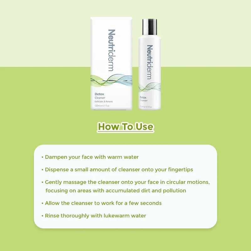 Neutriderm Detox Cleanser bottle and packaging on a green background with usage instructions.