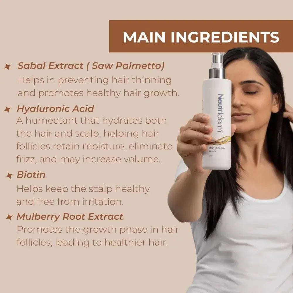 Woman holding a Neutrihelm hair care product with listed main ingredients