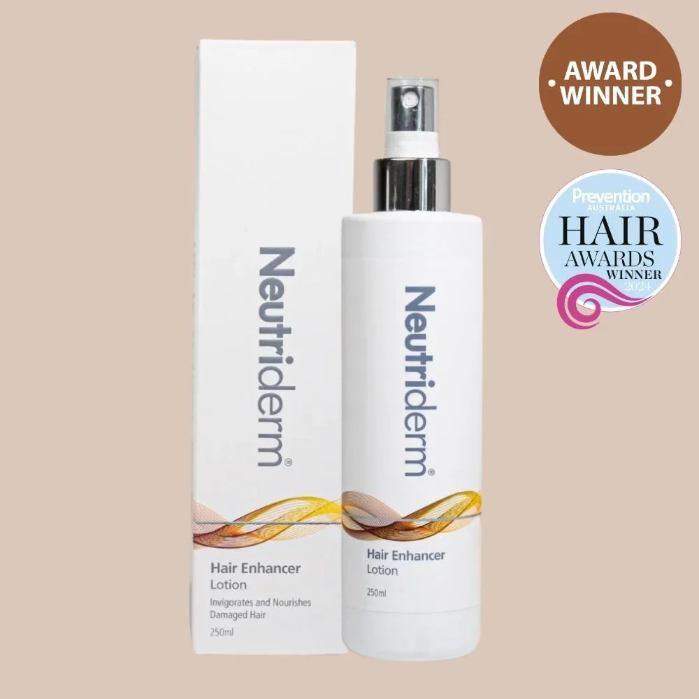 Neutriderm hair enhancer lotion and packaging on a beige 