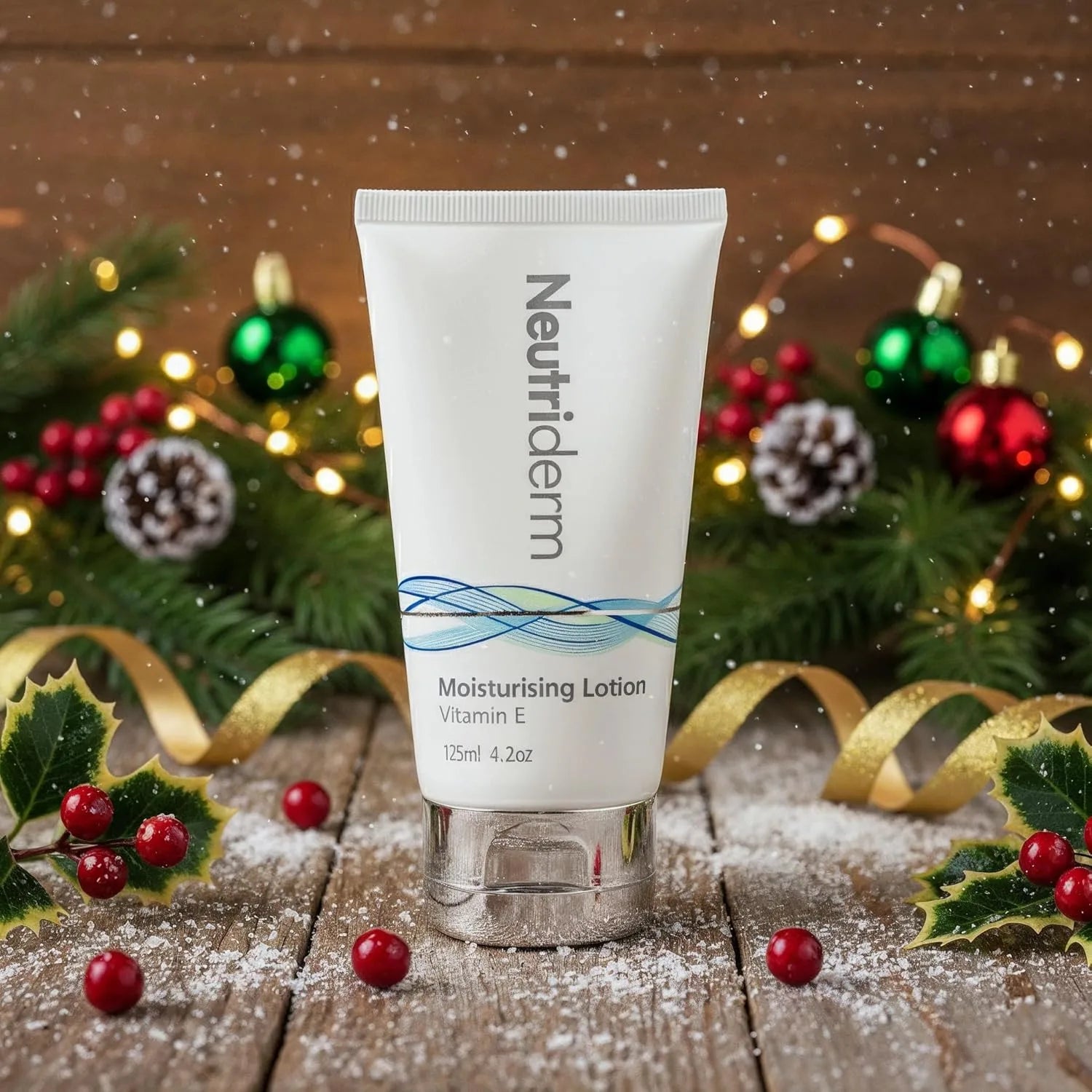 Neutriderm moisturizing lotion tube with Christmas decorations on a wooden surface