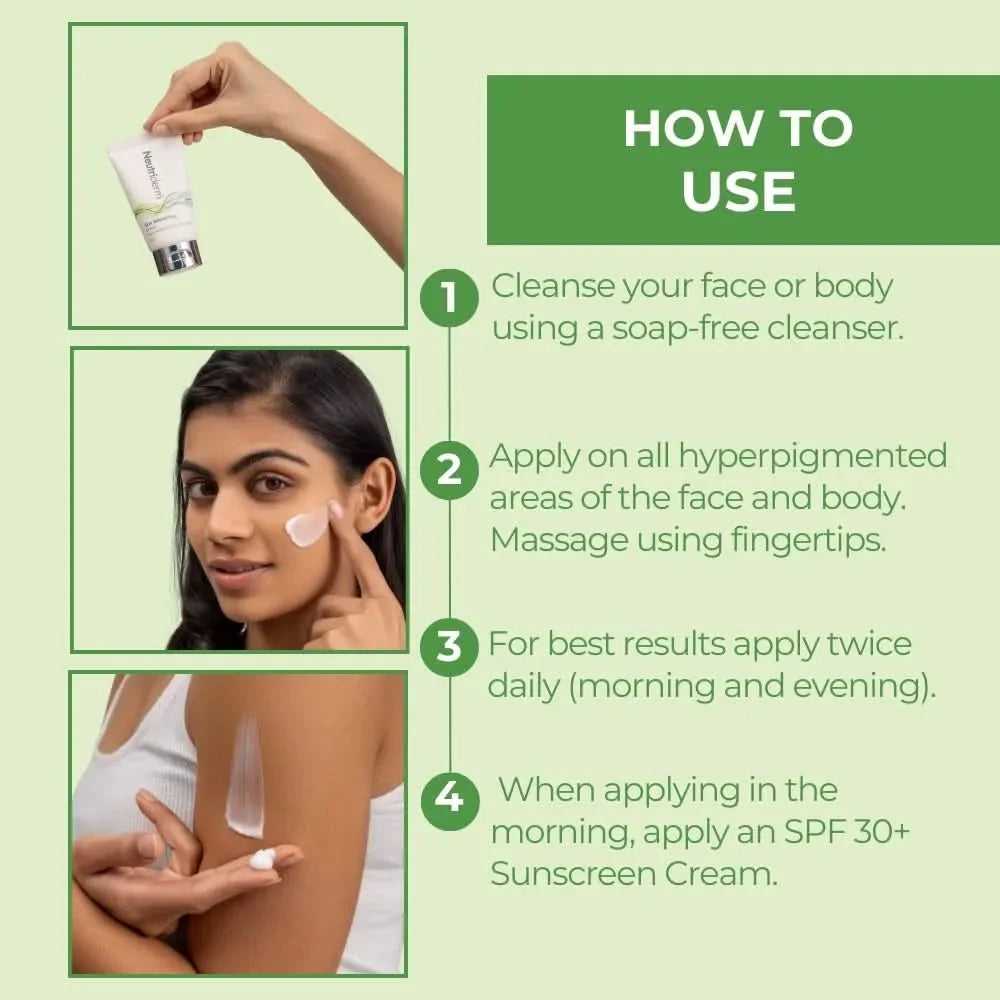 Instructions on how to use a skincare product with a woman applying it.